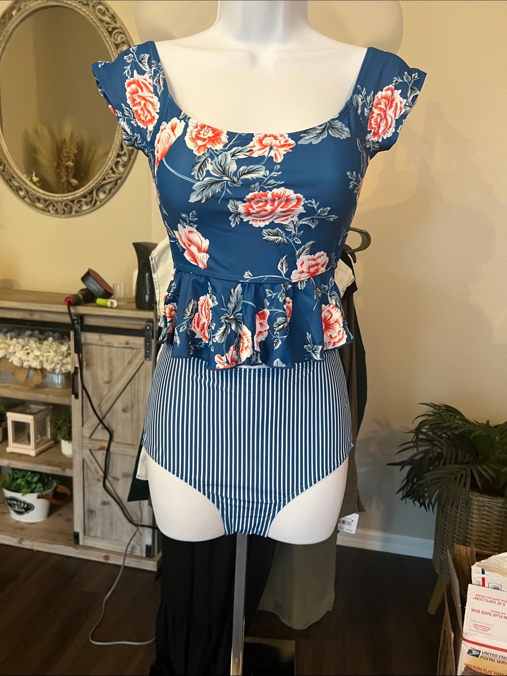 Amazon Women Swim Floral Peplum Two Piece Swimsuit in Blue and Coral
